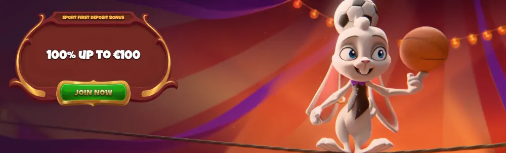 Μάγιος αθλητικά μπόνους πανό με χαρακτήρα κουνελιού και προσφορά 100% αντιστοίχισης